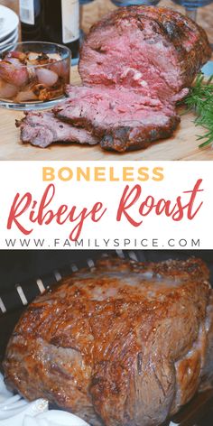 an image of ribeye roast on the grill with text overlay that reads boneless ribeye roast