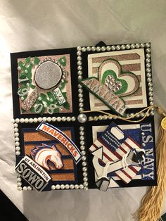 four different items are placed together on a sheet of white paper with beads and tassels