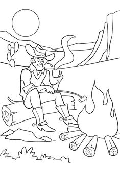 a black and white drawing of a man sitting next to a campfire with a hat on