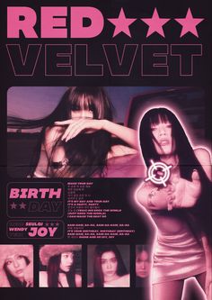 the poster for red velvet's birth day show is shown in pink and black