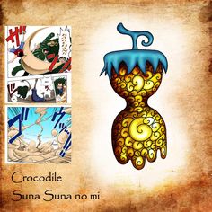 an image of a painting on paper with the caption crocodile suna suna no mi