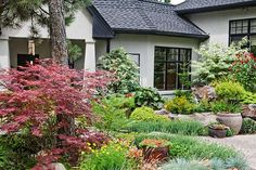 a house with lots of plants in front of it and trees around the outside area