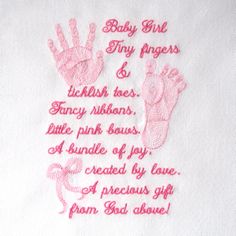 embroidered baby hand and foot poem on white fabric