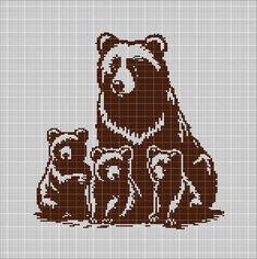 a bear and her cubs cross stitch pattern in brown on white background with black outline