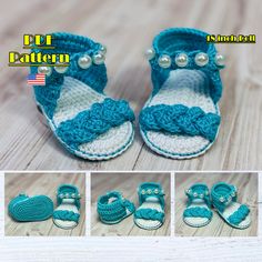 crocheted baby shoes and booties are featured in this page to make them look like they have pearls on them