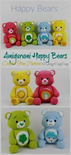 four crocheted teddy bears with the caption happy bears