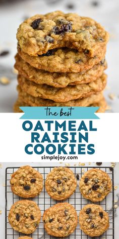 oatmeal raisin cookies stacked on top of each other with text overlay