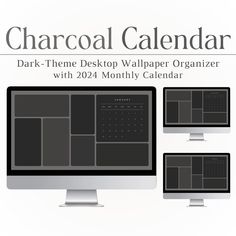 a desktop computer monitor sitting on top of a desk next to two monitors with the words charcoal