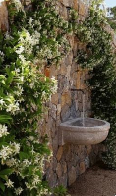 a stone wall with white flowers growing on it and a water fountain in the middle