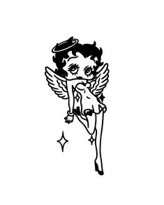 a black and white drawing of a girl with angel wings on her back, holding a star