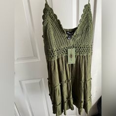 Dark Green Fairy Dress| New With Tags| Crochet Top| Mid-Large| Dark Green Fairy Dress, Cottagecore Sleeveless Vacation Dress, Casual Green Flowy Boho Dress, Casual Sleeveless Boho Dress For Brunch, Flowy Cottagecore Dress For Vacation, Green Boho Mini Dress For Beach, Cottagecore Mini Beach Dress, Green Flowy Bohemian Mini Dress, Casual Green Mini Boho Dress