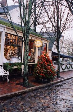 a small store with christmas decorations on the windows and trees in front, along a cobblestone street