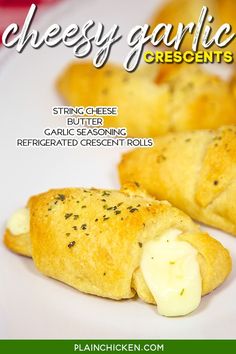 cheesey garlic crescents on a plate with text overlay