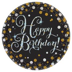 a black and gold happy birthday paper plate with confetti on the rim that says happy birthday