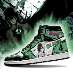 a pair of sneakers with anime characters painted on the upper half of them, and an image of a demon