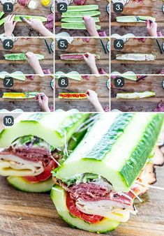 the steps to making a sandwich with cucumber and meats on it are shown