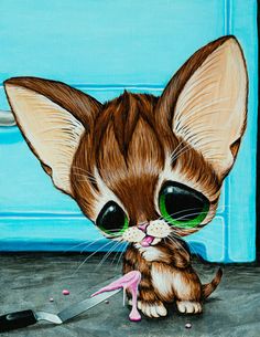 a painting of a kitten with green eyes and a pink flamingo on the ground