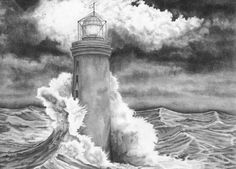 a drawing of a lighthouse in the middle of water with waves coming up from it