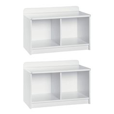 two white shelves with one open and the other closed