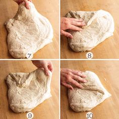 four pictures showing how to make an uncooked pizza dough with one hand and the other