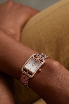 Hermès Timepieces' 'Montre Cape Cod' is infinitely classic. Swiss-made from 18-karat rose gold, it has an elegant bracelet strap and the label's iconic 'chaine d'ancre' case that houses a pretty mother-of-pearl dial. Complement the diamond-dotted indices with a matching bracelet or ring.  For warranty information, please refer to details & care     Each Hermès 'Cape Cod' watch comes with instructions on how to change the strap and a tool to enable you to do so Elegant Watch With Rectangular Dial And Jubilee Bracelet, Elegant Diamond Watch With Bracelet Strap And Rectangular Dial, Elegant Rose Gold Diamond Watch With Bracelet Strap, Timeless Rose Gold Bracelets For Evening, Rose Gold Jewelry And Watches For Formal Occasions, Timeless Evening Diamond Watch With Bracelet Strap, Elegant Rose Gold Diamond Watch, Luxury Rose Gold Watch With Jubilee Bracelet, Timeless Rose Gold Watches With Bracelet Strap