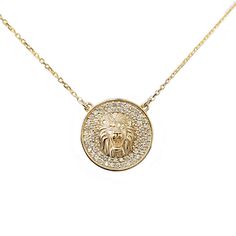 Gold & Diamond Pave Coin Pendant Necklace. D E T A I L S : ♥ Stones: Natural diamonds only, conflict-free, about 0.48 carat, F color, VS clarity. ♥ Pendant size: 15mm. ♥ Available: 14K, Yellow, White, Rose gold. ♥ Available chain length: 42cm or 45cm. Please select your wanted chain length and gold color in the drop-down menu. ♥️♥️♥️ SERVICE: ♥️ Free IGL Jewelry Certificate including evaluation for insurance, the certificate is free of charge if you request it when placing your order. (Takes Luxury Zodiac Sign Necklace, Luxury Silver Zodiac Sign Necklace, Diamond Zodiac Sign Necklaces, Luxury Sterling Silver Zodiac Sign Necklaces, Luxury Zodiac Sign Necklaces, Luxury Zodiac Sign Round Pendant Jewelry, Lion Zodiac, Gold Lion, Coin Pendant Necklace