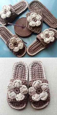 crocheted slippers with flowers on them are shown in two different colors and sizes