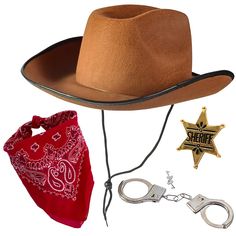 a cowboy hat, bandana and sheriff's badge are all part of the costume