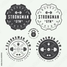 set of vintage gym badges and emblems with dumbbell, barbell and weight plates