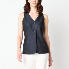 This Worthington's women's suit vest is an on-trend piece you need in your wardrobe to create polished ensembles. Made from a woven stretch denim, it looks great solo or layered over a tee or a button-down shirt and features a v-neckline, an adjustable back buckle and front button closures.Front Style: Single BreastedClosure Type: BuckleFit: Regular FitPockets: 2 Front Slip PocketsSleeve Length: SleevelessApparel Length: 26 InchesFiber Content: 77% Polyester, 18% Rayon, 5% SpandexFabric Descript Modern Fitted Vest For Spring, Modern Fitted Spring Vest, Elegant Denim Blazer For Work, Chic Denim Vest For Summer Workwear, Chic Summer Denim Vest For Workwear, Chic Summer Denim Workwear Vest, Versatile Fitted Vest For Workwear, Business Casual Vest With Button Closure For Spring, Chic Sleeveless Denim Vest For Work