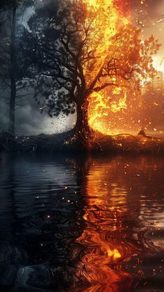 an image of a tree on fire in the water