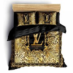 the louis vuitton leopard print bedding set is made with black satin and gold foil