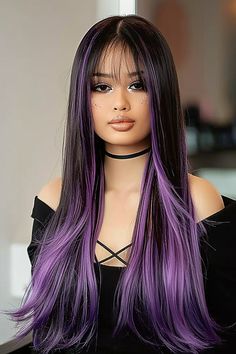 Woman with long, straight black hair featuring vibrant purple peekaboo highlights Peekaboo Hair Color, Haircut 2025, Peekaboo Highlights, Dark Brown Color, Long Straight Hair, New Haircuts, Straight Hair, Dyed Hair