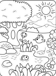 a coloring page with flowers and trees