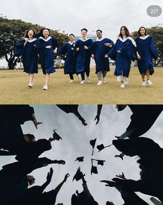 two pictures with graduates jumping in the air and one has their graduation gowns on