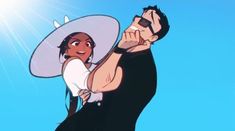 a man holding a woman in his arms with the sun shining behind him and blue sky