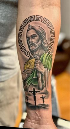 San Judas tattoo done by IvanRuiz/FB/IG @tatuajesi.r San Judas Tadeo Tattoo On Hand, San Judas Tattoo, Cloud Tattoo Sleeve, First Time Tattoos, Arm Tattoos For Guys Forearm, Cute Tattoos On Wrist, Mary Tattoo, Christ Tattoo, Money Tattoo