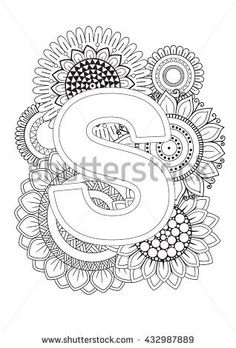 the letter s is surrounded by flowers and sunflowers in black and white coloring