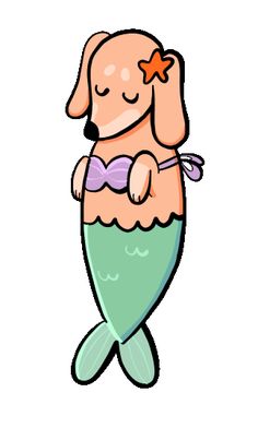 a dog that is sitting on top of a mermaid's tail, with its eyes closed