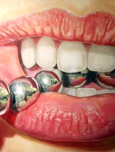 a painting of a woman's mouth with teeth and gums on it, painted in acrylic