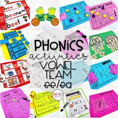 the words phonics activities are shown in different colors and shapes, with pictures on them