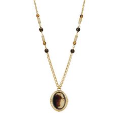 Featuring an oval tortoiseshell glass medallion on an antiqued-style frame, this 1928 necklace is an eye-catching piece that goes with just about any outfit. Featuring an oval tortoiseshell glass medallion on an antiqued-style frame, this 1928 necklace is an eye-catching piece that goes with just about any outfit. Clasp: lobster claw Metal: alloy Length: 30 in. Plating: gold tone Finish: polished Material: glass Pendant length: 2.2 in. Not appropriate for children 14 years old and younger. Size: Elegant Brown Oval Pendant Necklace, Victorian Oval Brown Jewelry, Brown Oval Victorian Jewelry, Victorian Brown Oval Jewelry, Victorian Style Oval Brown Jewelry, Vintage Brown Oval Necklace, Medallion Necklace, Glass Pendant, Tortoise Shell