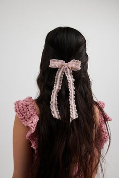 Hair clip trimmed with a textured lace hair bow for a coquette-cool look. Features Textured lace bow hair clip Lace hair bow with a textured finish Secure hair clip backing Content + Care Polyester, mixed metal Spot clean Imported | Textured Lace Bow Hair Clip in Pink, Women's at Urban Outfitters Lace Hair Bow, Bow Hair Clip, Elegant Feminine, Pink Fits, Lace Hair, Lace Bows, Dope Fashion, Bow Hair, Women Men Shoes