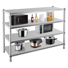 three shelves with pots, pans and other kitchen items on top of each shelf