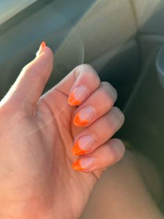 Cute Orange French Tip Nails, Electric Orange Nails, Bright Orange French Tip Nails, Orange Tip Nails, Basic Fall Nails, Orange French Tips, Nails With Orange, Orange French Tip, Orange Acrylic Nails