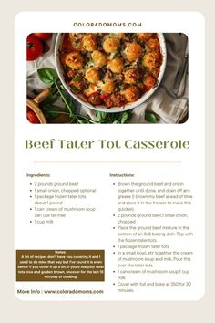 the recipe for beef tater tot casserole is shown in this brochure