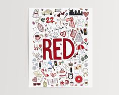 a poster with the word red surrounded by doodles and other things that are all over it