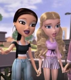 two cartoon girls standing next to each other on a balcony with buildings in the background