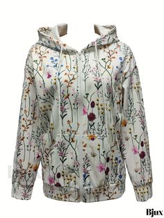 Bjux - Chic Floral Print Hooded Jacket: Stylish Zip-Up Outerwear with Long Sleeves for Women Cotton Outerwear With Double-lined Hood For Spring, Spring Cotton Outerwear With Drawstring Hood, Hooded Floral Print Outerwear For Fall, Spring Casual Long Sleeve Outerwear, White Floral Print Outerwear For Fall, Spring Hooded Outerwear With Double-lined Hood, Hooded Winter Outerwear With Floral Print, Winter Hooded Floral Print Outerwear, White Spring Hoodie Outerwear