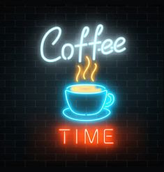 coffee time neon sign on brick wall with glowing text and cup in the dark room